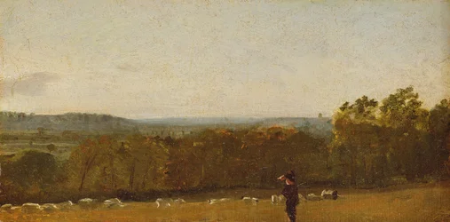 Um pastor em uma paisagem olhando Dedham Vale em direção a Langham, c.1810 (óleo sobre papel colocado sobre tela)